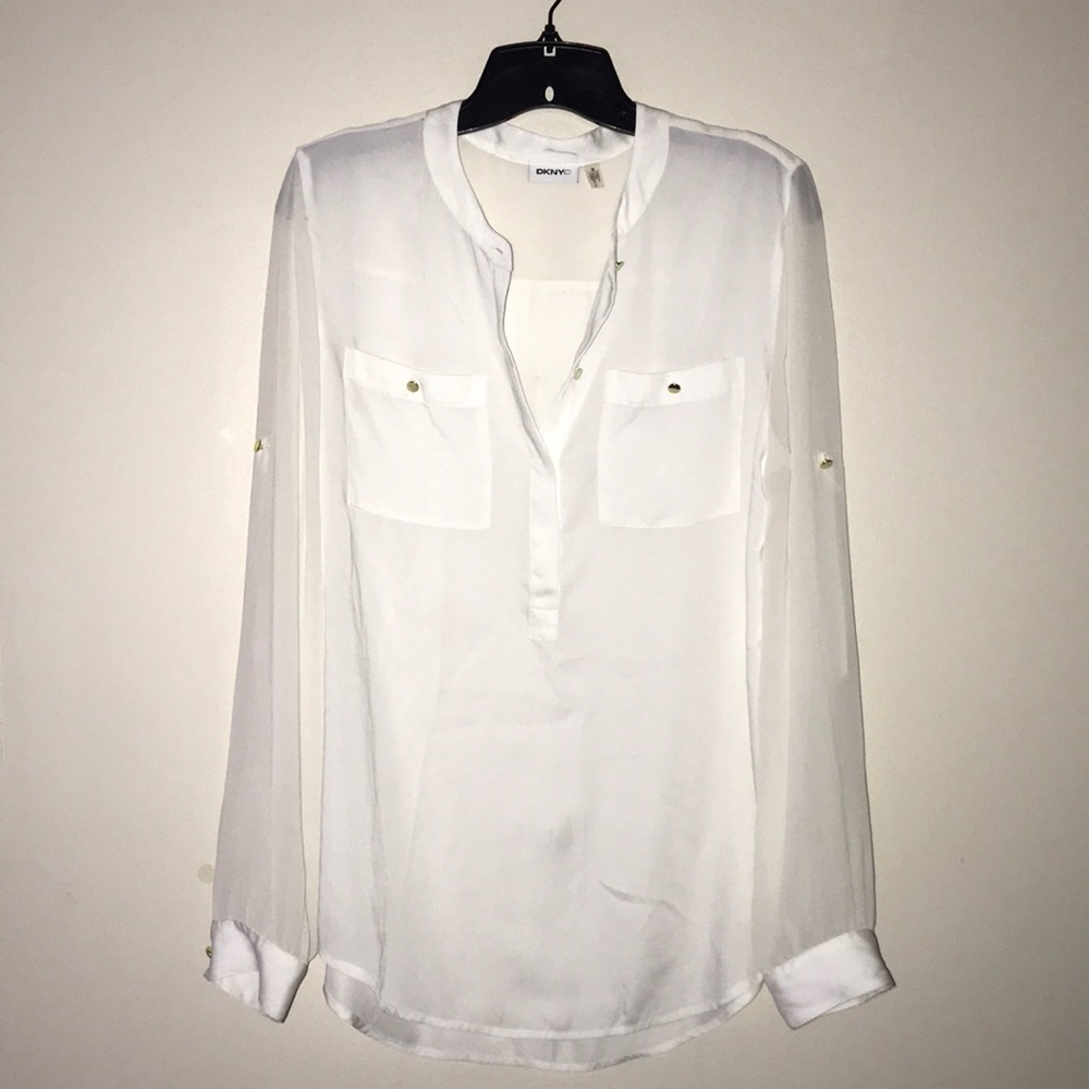 DKNYC (M) WHITE LONG SLEEVE SHEER SLEEVE BLOUSE